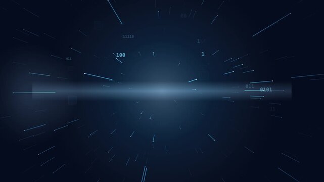 Digital World Flythrough with Glowing Blue and Gold Binary Datastream