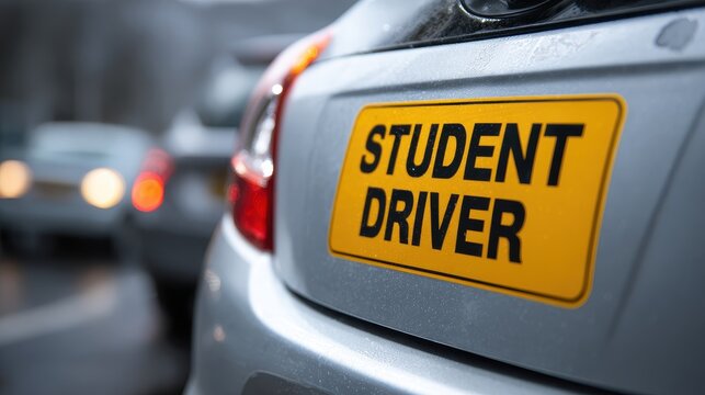 Close up view of a yellow student driver sign on the back of a car at a driving school location during rainy weather in the city