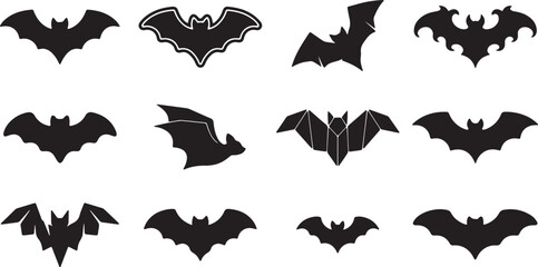 Fototapeta premium Flying Bat Silhouette Bundle Black Bat Vector Icons for Halloween Design, Halloween Bat Silhouette Set Vector Collection Isolated on White Background, Black Bat Silhouette Collection Halloween Flying 