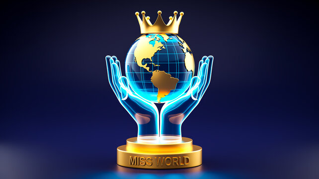 A glowing blue and gold trophy with a crown on top features a globe on a pedestal in a dark room