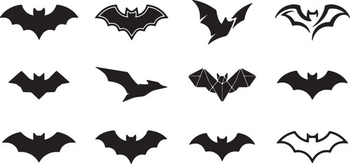Fototapeta premium Flying Bat Silhouette Bundle Black Bat Vector Icons for Halloween Design, Halloween Bat Silhouette Set Vector Collection Isolated on White Background, Black Bat Silhouette Collection Halloween Flying 
