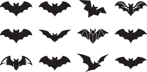 Fototapeta premium Flying Bat Silhouette Bundle Black Bat Vector Icons for Halloween Design, Halloween Bat Silhouette Set Vector Collection Isolated on White Background, Black Bat Silhouette Collection Halloween Flying 