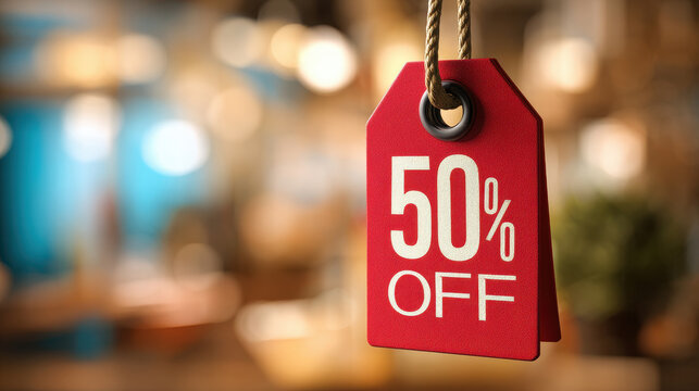 Price tag shows significant discount of fifty percent in a store during a sale event