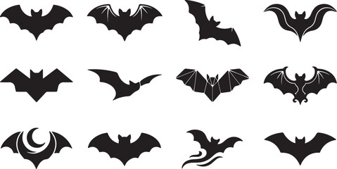 Fototapeta premium Flying Bat Silhouette Bundle Black Bat Vector Icons for Halloween Design, Halloween Bat Silhouette Set Vector Collection Isolated on White Background, Black Bat Silhouette Collection Halloween Flying 