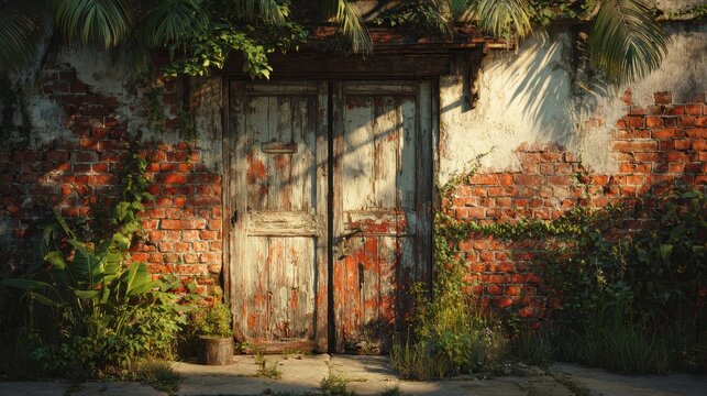 Chained vintage wooden door with peeling paint stands against a weathered wall covered in bricks and green plants in the late afternoon light
