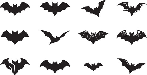 Fototapeta premium Flying Bat Silhouette Bundle Black Bat Vector Icons for Halloween Design, Halloween Bat Silhouette Set Vector Collection Isolated on White Background, Black Bat Silhouette Collection Halloween Flying 