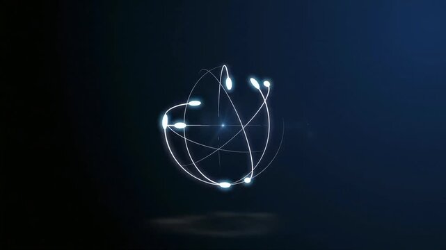 Atomic structure glows with orbiting electrons on a dark blue background.