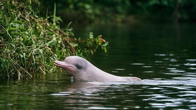 A pink river dolphin surfaces gracefully near dense green vegetation along a calm waterway