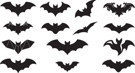 Fototapeta premium Flying Bat Silhouette Bundle Black Bat Vector Icons for Halloween Design, Halloween Bat Silhouette Set Vector Collection Isolated on White Background, Black Bat Silhouette Collection Halloween Flying 