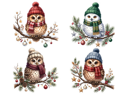 Watercolor Winter Owl Clipart Set with Christmas Scarf and Festive Hat for Stickers, Cards and Print on Demand