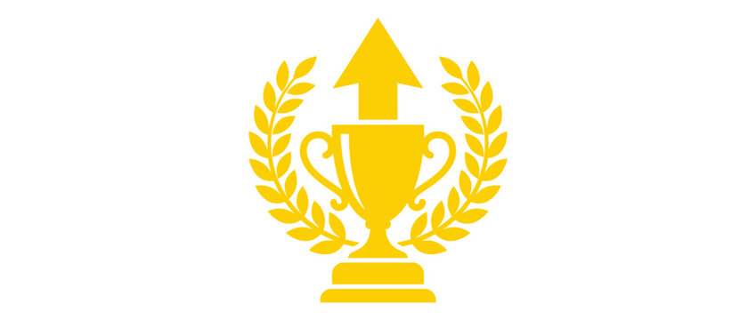 Golden trophy cup with upward arrow and laurel wreath for success