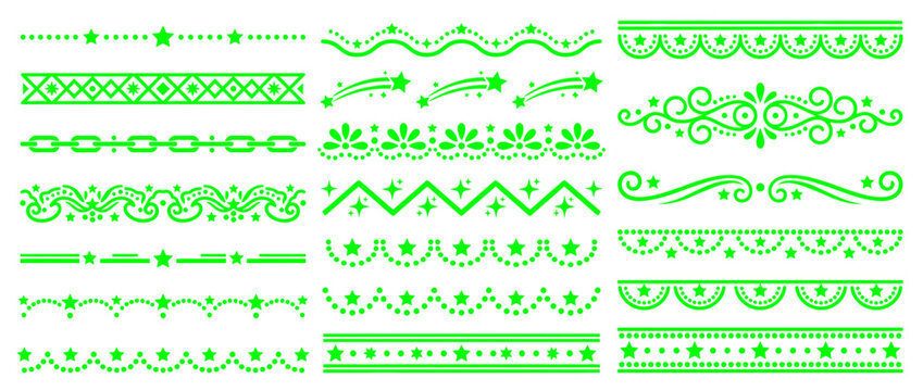 Green decorative horizontal border dividers with stars and swirls