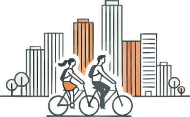 Obraz premium Couple Cycling in City with Buildings bicycles urban