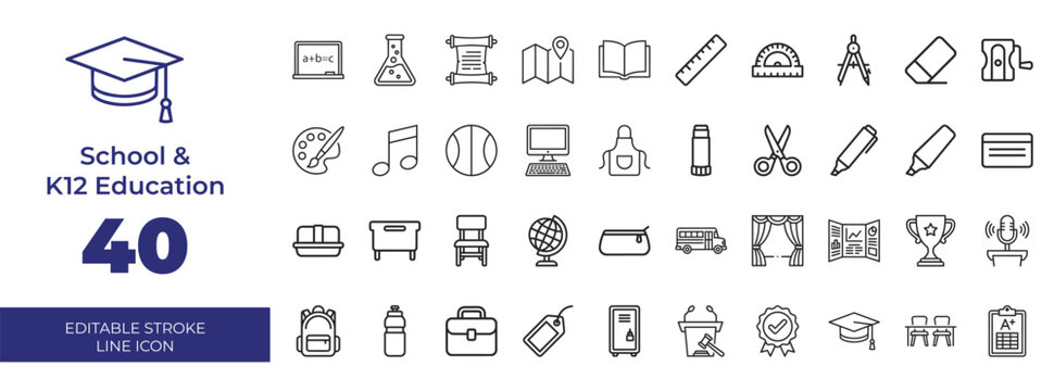 Set of 40 school and k12 education line icons for learning and classroom