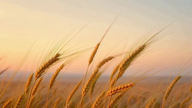 Golden wheat stalks swaying in breeze against soft sunset sky