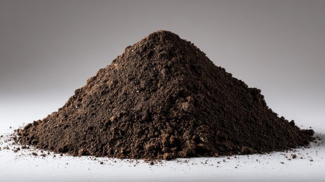 Rich dark potting soil heap ready for gardening use on neutral background with focus on planting and soil preparation for upcoming gardening season