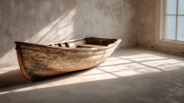 Weathered wooden rowboat rests in a sunlit room with shadows casting on the floor, telling stories of the past and echoes of adventures on water