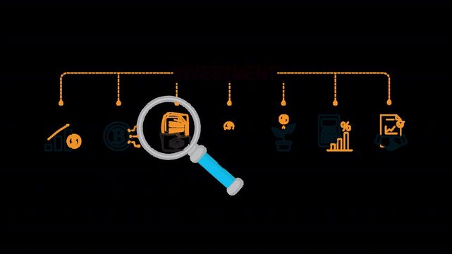 Investment outline icon with magnifying glass highlighting financial, symbolizing analysis, focus, and strategic decision making in business and finance in alpha channel 