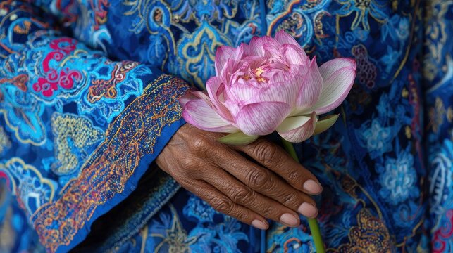 Hands hold a pink and white lotus flower against a colorful blue and gold textile background during a cultural celebration in a vibrant setting