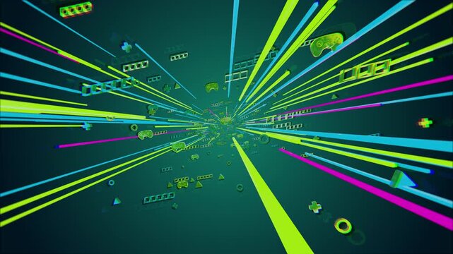 Futuristic gaming intro animation with neon 3D elements, glowing lines, and a black cube centerpiece on a transparent background. Perfect for esports, trailers, and tech content
