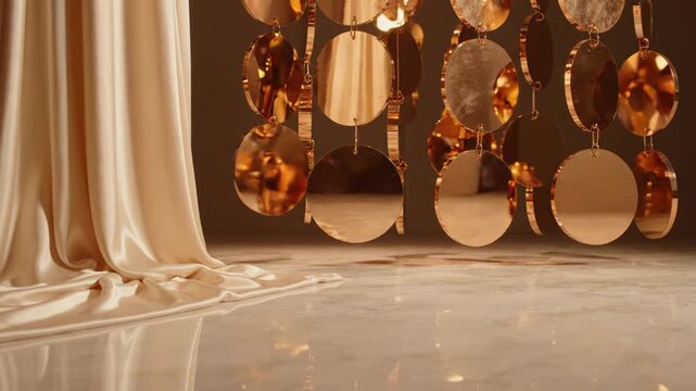 Luxurious Metallic Discs and Flowing Fabric Reflecting on Polished Floor.