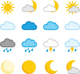 Fototapeta premium Collection of various weather forecast icons in colorful vector flat design.