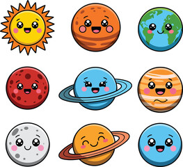 Cute cartoon planets and sun with happy faces on transparent background. © Mst Insanara Begum