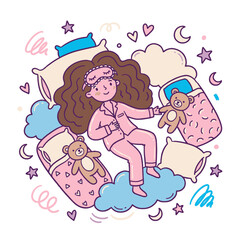 Fototapeta premium Cozy dream time illustration of a woman sleeping on soft clouds with teddy bears and fluffy pillows