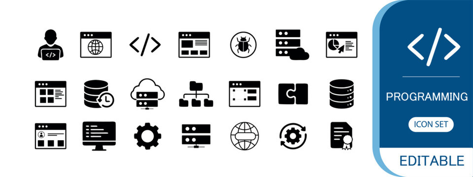 Web programming and software development icon set, coding vector icons