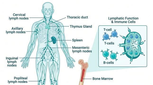 Medical Illustration of the Human Lymphatic System and Immune Cells with Detailed Anatomy Labels of Lymph Nodes, Spleen, and Thymus