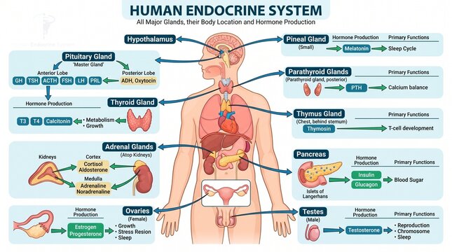 Human Endocrine System Infographic Showing Major Glands, Hormone Production, and Primary Functions in the Human Body Diagram