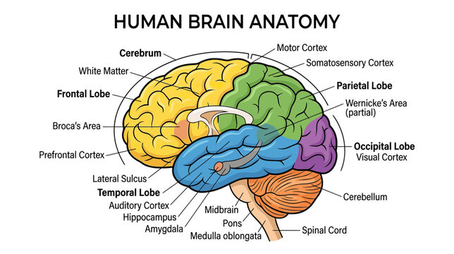 Human Brain Anatomy Diagram: Lobes, Cortex, Cerebellum, Spinal Cord