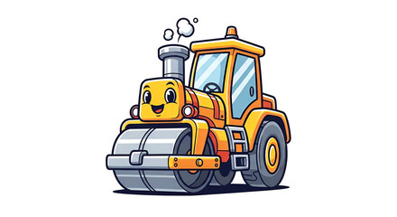 Fototapeta premium Cute cartoon road roller with a smiling face and vibrant colors, isolated on a white background. Perfect for construction, kids, mascot, transportation, and creative design projects.