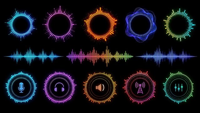 A collection of circular audio visualizers and sound waveforms represents music, voice recordings, podcasts, broadcasting, digital audio editing, and creative design.
