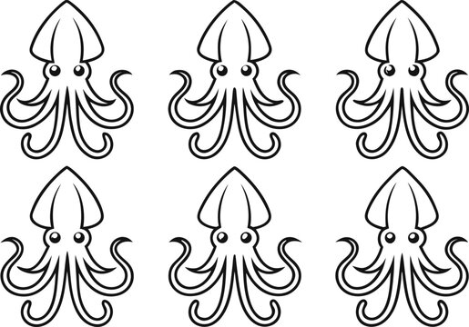 Squid Outline Illustration Collection. Squid Line Art Elements. Marine Squid Outline Pack. Squid Seafood Stroke Designs. Ocean Squid Contour Collection. Squid Line Icon Set. Sea Squid Outline Design.