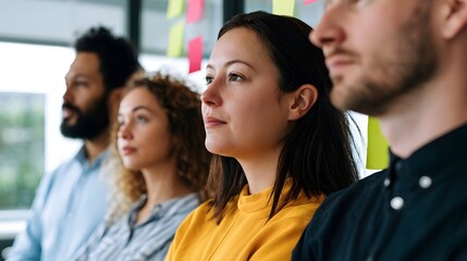 Fototapeta premium Four people seated in a row looking forward attentively in an indoor setting with colorful sticky notes on a wall behind them