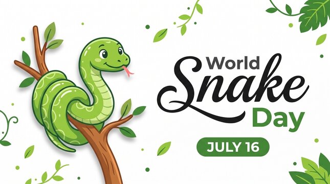 Minimalistic cute banner for World Snake Day at 16th of July with cartoon green snake, typography. Holiday concept for website, poster, background, card to raise awareness about importance of