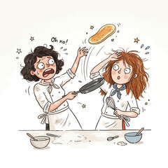 Two clumsy female cooks accidentally tossing pancake while preparing food in messy kitchen.