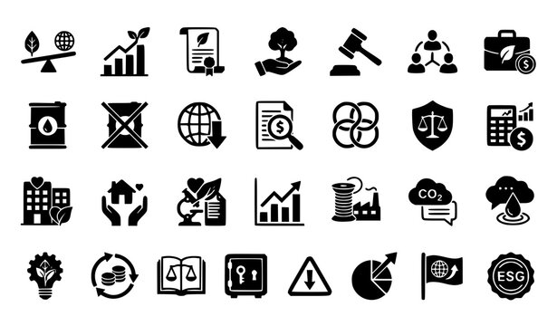 Corporate Governance and Legal Compliance Vector Icon Set for Business Regulations, Risk Assessment, Financial Auditing, Asset Insurance, Policy Management, and Court Litigation Processes