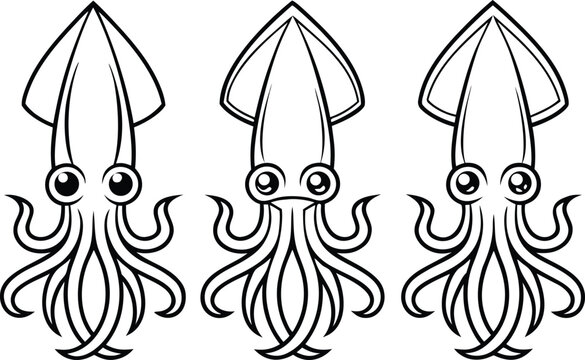 Squid Outline Illustration Collection. Squid Line Art Elements. Marine Squid Outline Pack. Squid Seafood Stroke Designs. Ocean Squid Contour Collection. Squid Line Icon Set. Sea Squid Outline Design.