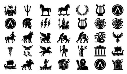 Ancient Greek Mythology and History Vector Icon Set Featuring Gods, Mythological Creatures, Spartan Shields, Trojan Horse, and Legendary Icons for Historical Creative Designs © Mst Rebeka