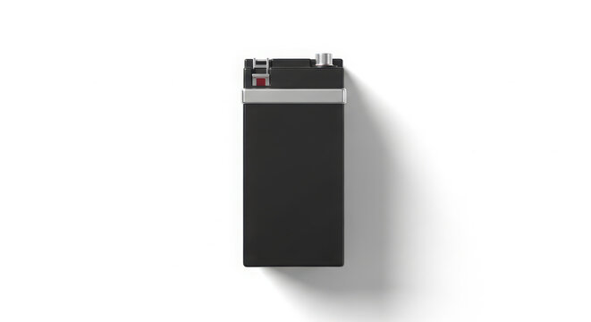 Isolated top view of a black rectangular industrial sealed lead-acid battery with silver terminals and a red accent for reliable power solutions.