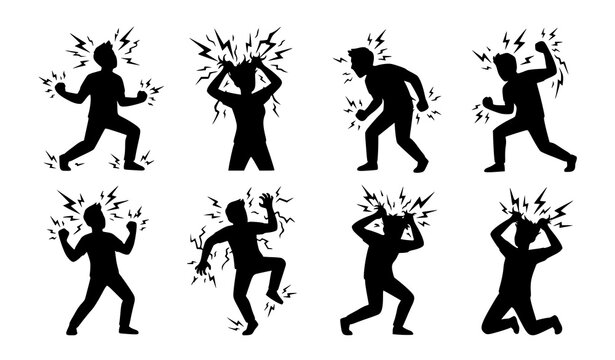 Stress and Anger Management Silhouette Vector Set Presenting Mental Pressure, Panic Attacks, Frustration, Emotional Breakdown, Pain, and Headaches in Men