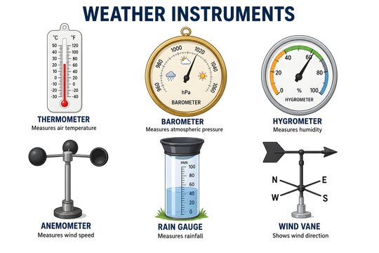 Labeled Weather Instruments Diagram Including Rain Gauge and Wind Vane