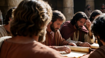 Fototapeta premium Group of ancient men reading religious scrolls and discussing passages, with one man resting his hand on his head in contemplation