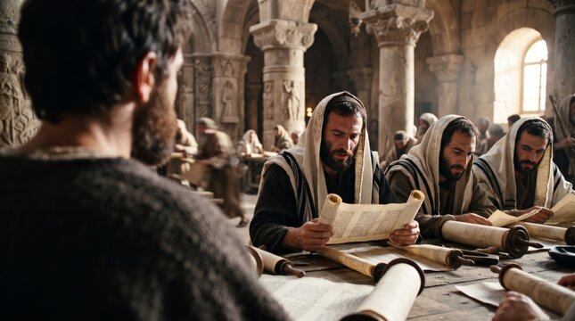 Ancient scholars studying scrolls in a temple hall, men in traditional attire reading ancient texts in a historical setting