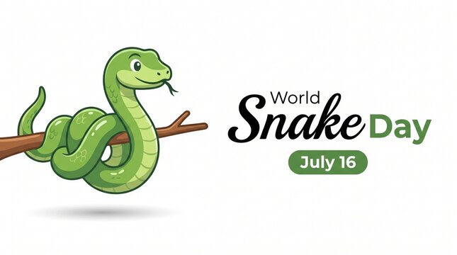 Minimalistic cute banner for World Snake Day at 16th of July with cartoon green snake, typography. Holiday concept for website, poster, background, card to raise awareness about importance of