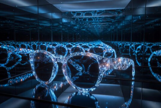 Occhiali futuristici luminosi con pattern astratto in una stanza di specchi infiniti