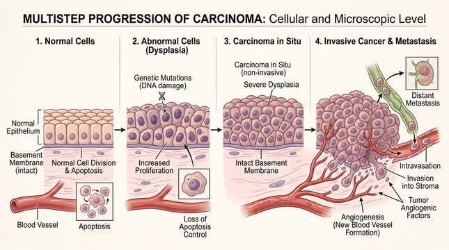 Medical illustration showing the multistep progression of carcinoma from normal cells to dysplasia, carcinoma in situ, and invasive cancer including metastasis and angiogenesis.
