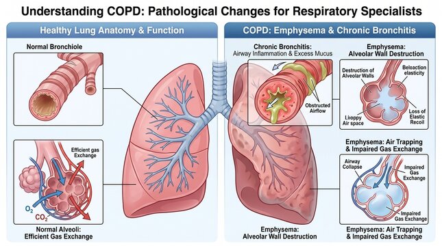Medical Illustration Comparing Healthy Lung Anatomy and COPD Pathology, Showing Emphysema, Chronic Bronchitis, Alveolar Wall Destruction, and Impaired Gas Exchange